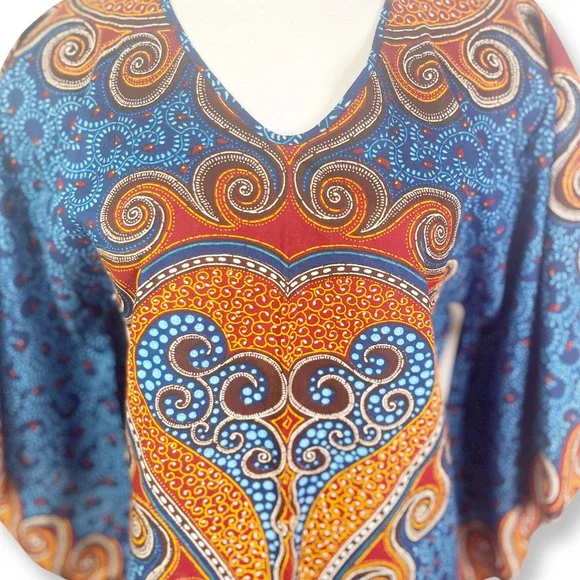 Paranda Talk Of The Town Vintage Batik Batwing Bohemian Ethnic Print V Neck Top - Picture 3 of 8